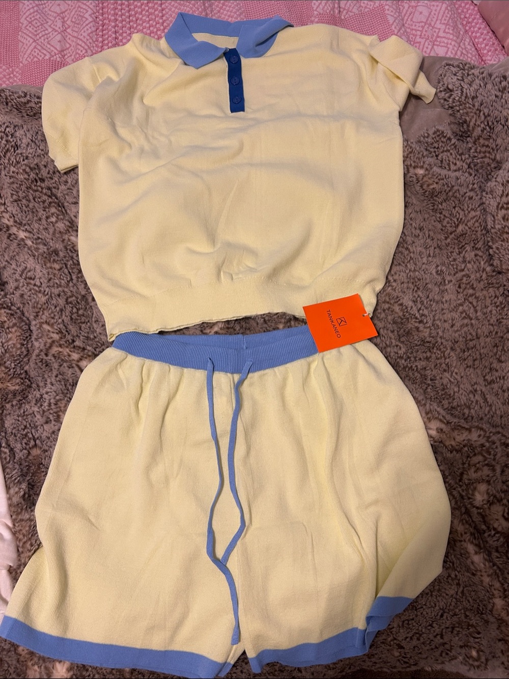Pastel Yellow Knit Athletic Shorts with Blue Trim - Women's Set